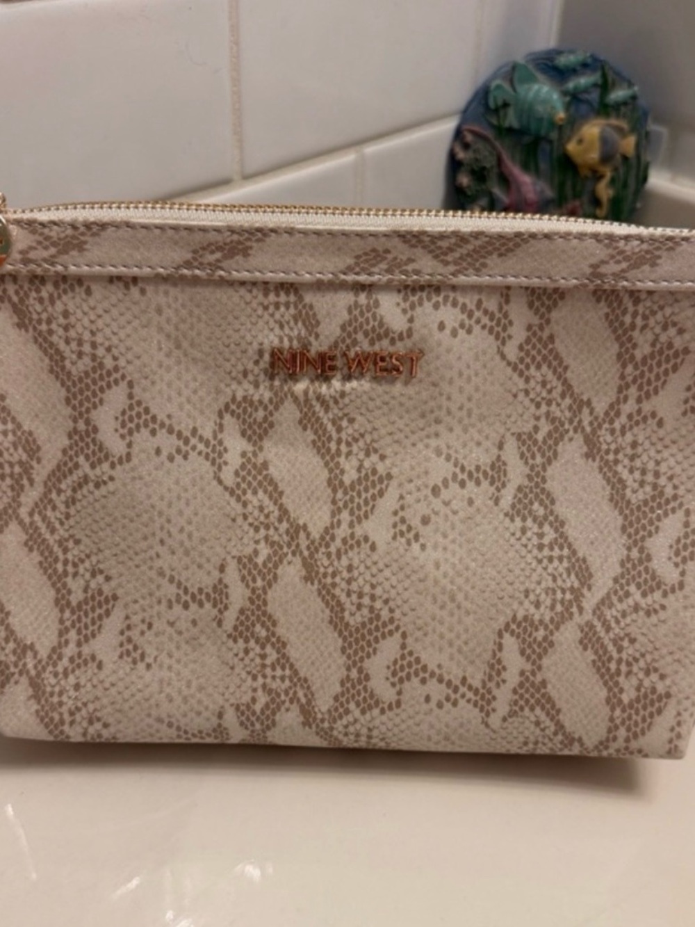 Nine West Beige and Cream Snakeskin-Print Cosmetic Pouch